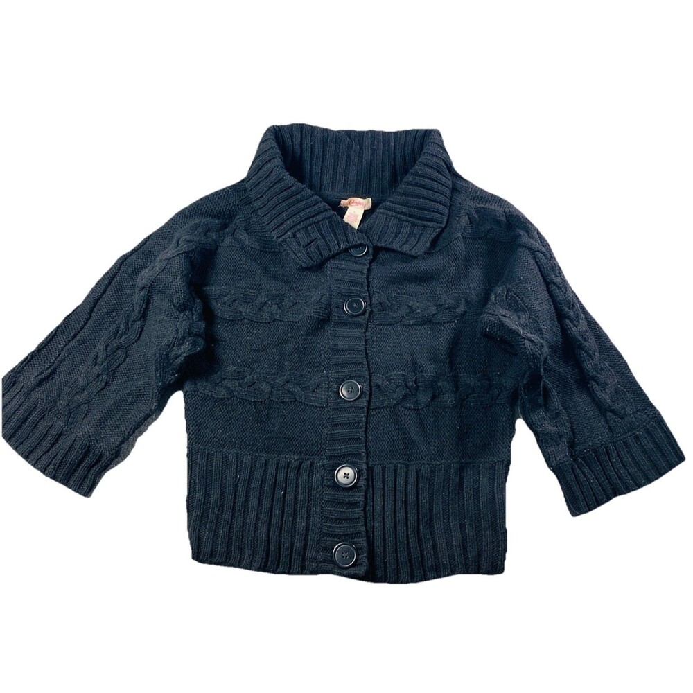 Candie’s Black Cable Knit Short Cardigan WoolBlend ShawlCollar/Wide Sleeves Sz L